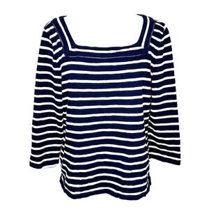 Talbots Blue White Stripe Nautical Preppy Square Neck 3/4 Sleeve Top Large